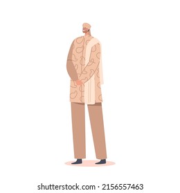 Indian Muslim Character Wear Traditional Clothes Long Kurta Shirt and Pants Isolated on White Background. Smiling Man Stand Full Height, Culture Tradition of India. Cartoon People Vector Illustration