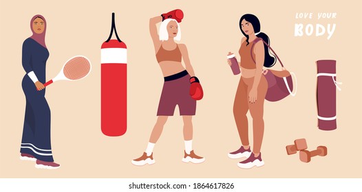 Indian Muslim Woman Wearing Burqa Playing Tennis, Boxer Woman In Red Gloves And Portrait Of Asian Sporty Woman Carrying Sports Bag Anf A Bottle Of Water. Vector Flat Illustration.