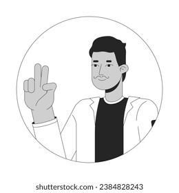 Indian mustache man peace sign hand black and white 2D vector avatar illustration. Adult south asian moustache guy taking selfie outline cartoon character face isolated. flat user profile image