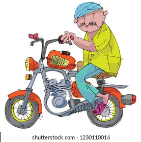 An indian mustached man rides a little cute old motorbike. Cartoon. Caricature.