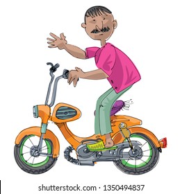 An indian mustached man rides a little cute old motorbike. Cartoon. Caricature. 