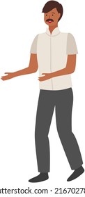 Indian mustachioed man in white shirt and dark trousers. Young smiling male character isolated on white background. Guy pointing somewhere with hand, talking to somebody, standing asian man