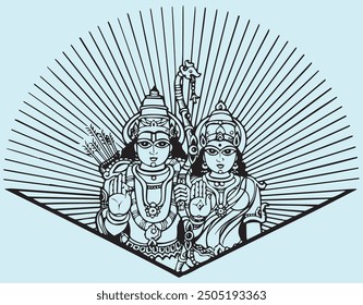 Indian Mythology Lord Rama And Sita Black and White Vector Design