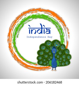 Indian national bird peacock in dancing position on national flag colors circle on grey background for Indian Independence Day celebrations. 