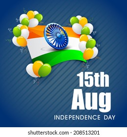 Indian national flag waving with 3D Asoka Wheel and shiny balloons on blue background for 15th of August, Indian Independence Day celebrations. 