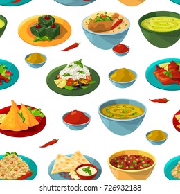 Indian national foods. Vector seamless pattern indian food background illustration