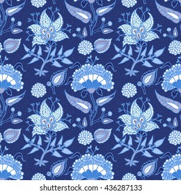 Indian National paisley ornament for cotton, linen fabrics. Tribal flowers seamless pattern. Bohemian ornament for taps. Texture for wrapping, skins smartphones, textile wallpapers, surface design