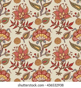 Indian National paisley ornament for cotton, linen fabrics. Tribal flowers seamless pattern. Bohemian ornament for taps. Texture for wrapping, skins smartphones, textile wallpapers, surface design