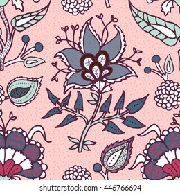 Indian National paisley ornament for cotton, linen fabrics. Tribal flowers seamless pattern. Bohemian ornament for taps. Texture for wrapping, skins smartphones, textile wallpapers, surface design