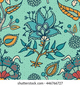 Indian National paisley ornament for cotton, linen fabrics. Tribal flowers seamless pattern. Bohemian ornament for taps. Texture for wrapping, skins smartphones, textile wallpapers, surface design
