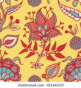 Indian National paisley ornament for cotton, linen fabrics. Tribal flowers seamless pattern. Bohemian ornaments. Texture for wrapping, skins smartphones, textile wallpapers, surface design