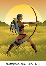 indian native african huntress archer warrior with bow and arrow in the wild