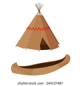 Indian native american brown canoe and wigwam vector icon set isolated