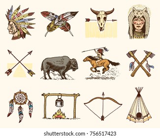 indian or native american. buffalo, axes and tent, arrows and bow, skull, Dreamcatcher and cherokee, tomahawk. set of engraved vintage, hand drawn, old, labels or badges.