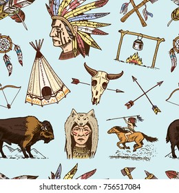 indian or native american. seamless pattern. buffalo, axes and tent, arrows and bow, skull, Dreamcatcher and cherokee, tomahawk. set of engraved vintage, hand drawn, old, labels or badges.