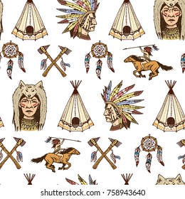 indian or native american. seamless pattern. axes and tent, Dreamcatcher and cherokee, tomahawk. set of engraved vintage, hand drawn, old, labels or badges.