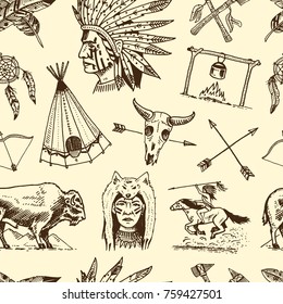 indian or native american. seamless pattern. buffalo, axes and tent, arrows and bow, skull, Dreamcatcher and cherokee, tomahawk. set of engraved vintage, hand drawn, old, labels or badges.