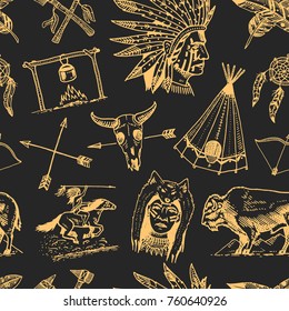 indian or native american. seamless pattern. buffalo, axes and tent, arrows and bow, skull, Dreamcatcher and cherokee, tomahawk. set of engraved vintage, hand drawn, old, labels or badges.