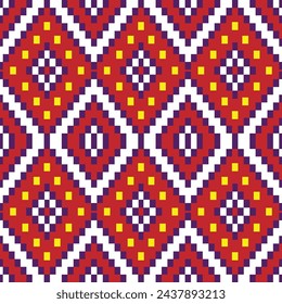 Indian native pattern in the style of embroidery. Seamless pattern features colorful geometric shapes, including squares, triangles, and diamonds, arranged in rows on a red background.