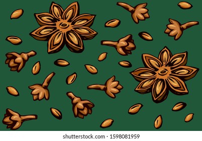 Indian natural yellow badiam pod of anice crop product on dark green fond. Bright brown hand drawn picture symbol sketchy in retro art doodle cartoon graphic style. Tileable vintage closeup macro view