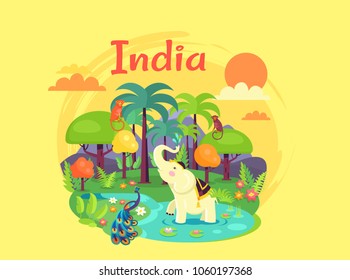 Indian nature poster devoted to Independence Day. Vector of flora and fauna, including monkeys, peacock bird, white elephant, lotus flower, various trees