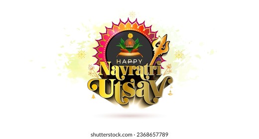 Indian Navratri Festival Kalash puja logotype Vector illustration. Kalash sthapna and Happy Navratri utsav 3d text on white background. svg