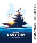 Indian Navy day celebration. India Map with Indian army defence Navy ship with tricolor flag, patriotic background.