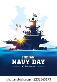 Indian Navy day celebration. India Map with Indian army defence Navy ship with tricolor flag, patriotic background.