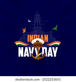 Afiche de celebración del Día de la Marina de la India, fondo de diseño de Anuncio de publicación de redes sociales publicitarias creativas del Día de la Marina. Gorra de oficial de la Armada, ancla y bandera india en Ilustración vectorial aislada