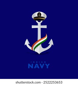 Indian Navy Day celebration poster, Navy Day creative advertising social media post banner design background. Navy officer cap, Anchor, and Indian flag on isolated vector illustration