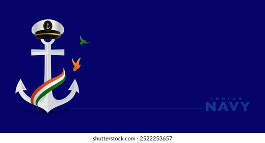 Indian Navy Day celebration poster, Navy Day creative advertising social media post banner design background. Navy officer cap, Anchor, and Indian flag on isolated vector illustration