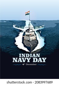 Indian navy day poster, banner design with typography tricolor flag and battleship