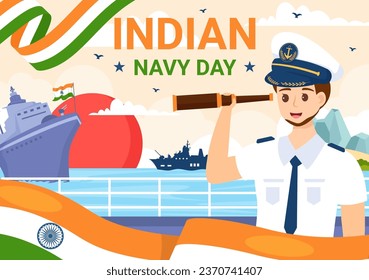 Ilustración de vectores del Día de la Marina India el 4 de diciembre con barcos de combate para el ejército militar popular saludando a soldados agradecidos en diseño de fondo