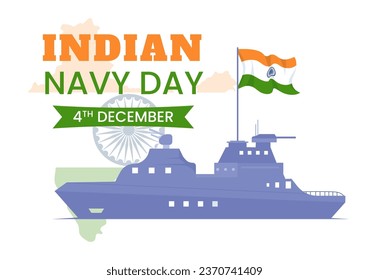 Ilustración de vectores del Día de la Marina India el 4 de diciembre con barcos de combate para el ejército militar popular saludando a soldados agradecidos en diseño de fondo