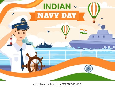 Ilustración de vectores del Día de la Marina India el 4 de diciembre con barcos de combate para el ejército militar popular saludando a soldados agradecidos en diseño de fondo