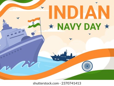 Ilustración de vectores del Día de la Marina India el 4 de diciembre con barcos de combate para el ejército militar popular saludando a soldados agradecidos en diseño de fondo