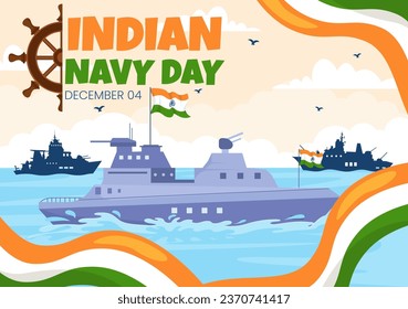 Ilustración de vectores del Día de la Marina India el 4 de diciembre con barcos de combate para el ejército militar popular saludando a soldados agradecidos en diseño de fondo