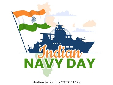 Ilustración de vectores del Día de la Marina India el 4 de diciembre con barcos de combate para el ejército militar popular saludando a soldados agradecidos en diseño de fondo