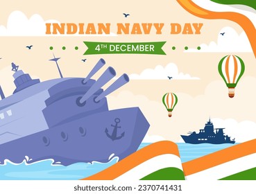 Ilustración de vectores del Día de la Marina India el 4 de diciembre con barcos de combate para el ejército militar popular saludando a soldados agradecidos en diseño de fondo