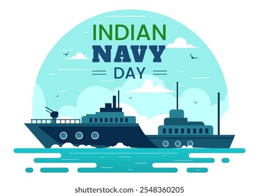 Ilustración vectorial del Día de la Armada India el 4 de diciembre, con barcos de combate, soldados en saludo y apreciación militar en un fondo de estilo plano