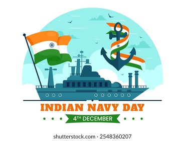 Ilustración vectorial del Día de la Armada India el 4 de diciembre, con barcos de combate, soldados en saludo y apreciación militar en un fondo de estilo plano