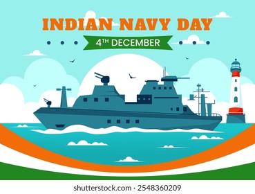 Ilustración vectorial del Día de la Armada India el 4 de diciembre, con barcos de combate, soldados en saludo y apreciación militar en un fondo de estilo plano