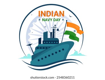 Ilustración vectorial del Día de la Armada India el 4 de diciembre, con barcos de combate, soldados en saludo y apreciación militar en un fondo de estilo plano