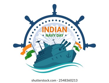 Ilustración vectorial del Día de la Armada India el 4 de diciembre, con barcos de combate, soldados en saludo y apreciación militar en un fondo de estilo plano