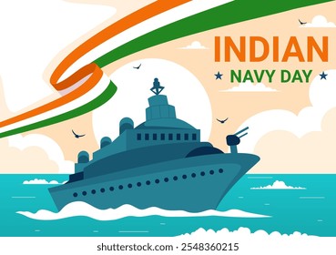 Ilustración vectorial del Día de la Armada India el 4 de diciembre, con barcos de combate, soldados en saludo y apreciación militar en un fondo de estilo plano