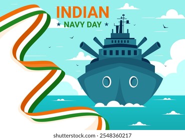 Ilustración vectorial del Día de la Armada India el 4 de diciembre, con barcos de combate, soldados en saludo y apreciación militar en un fondo de estilo plano