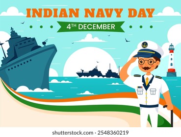 Ilustración vectorial del Día de la Armada India el 4 de diciembre, con barcos de combate, soldados en saludo y apreciación militar en un fondo de estilo plano