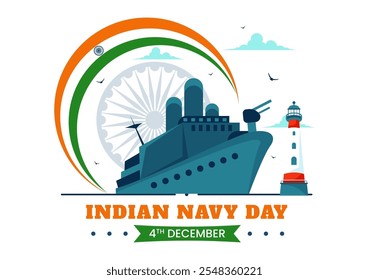 Ilustración vectorial del Día de la Armada India el 4 de diciembre, con barcos de combate, soldados en saludo y apreciación militar en un fondo de estilo plano