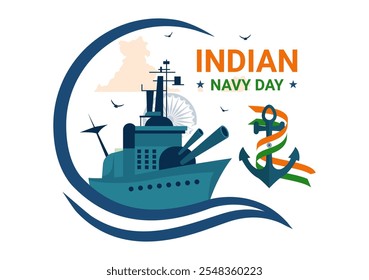 Ilustración vectorial del Día de la Armada India el 4 de diciembre, con barcos de combate, soldados en saludo y apreciación militar en un fondo de estilo plano