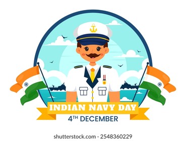 Ilustración vectorial del Día de la Armada India el 4 de diciembre, con barcos de combate, soldados en saludo y apreciación militar en un fondo de estilo plano